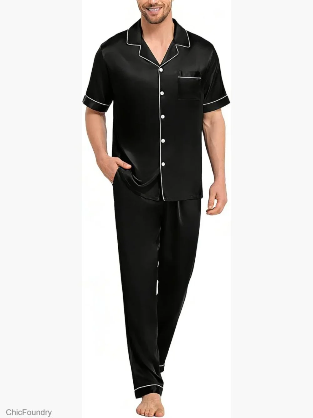 Men's Silk Pajama Set Short Sleeve Button Down Lounge Set with Pockets S-3XL
